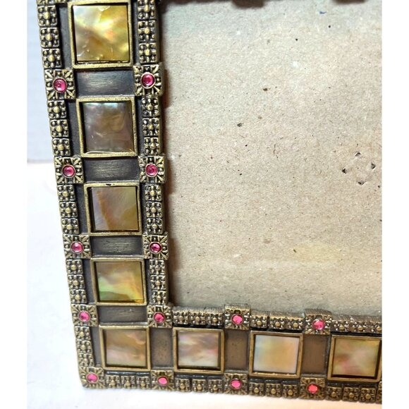 Antique-Style Gold Metal & Mother of Pearl Picture Frame with Pink Gem Accents 6 - Picture 5 of 9